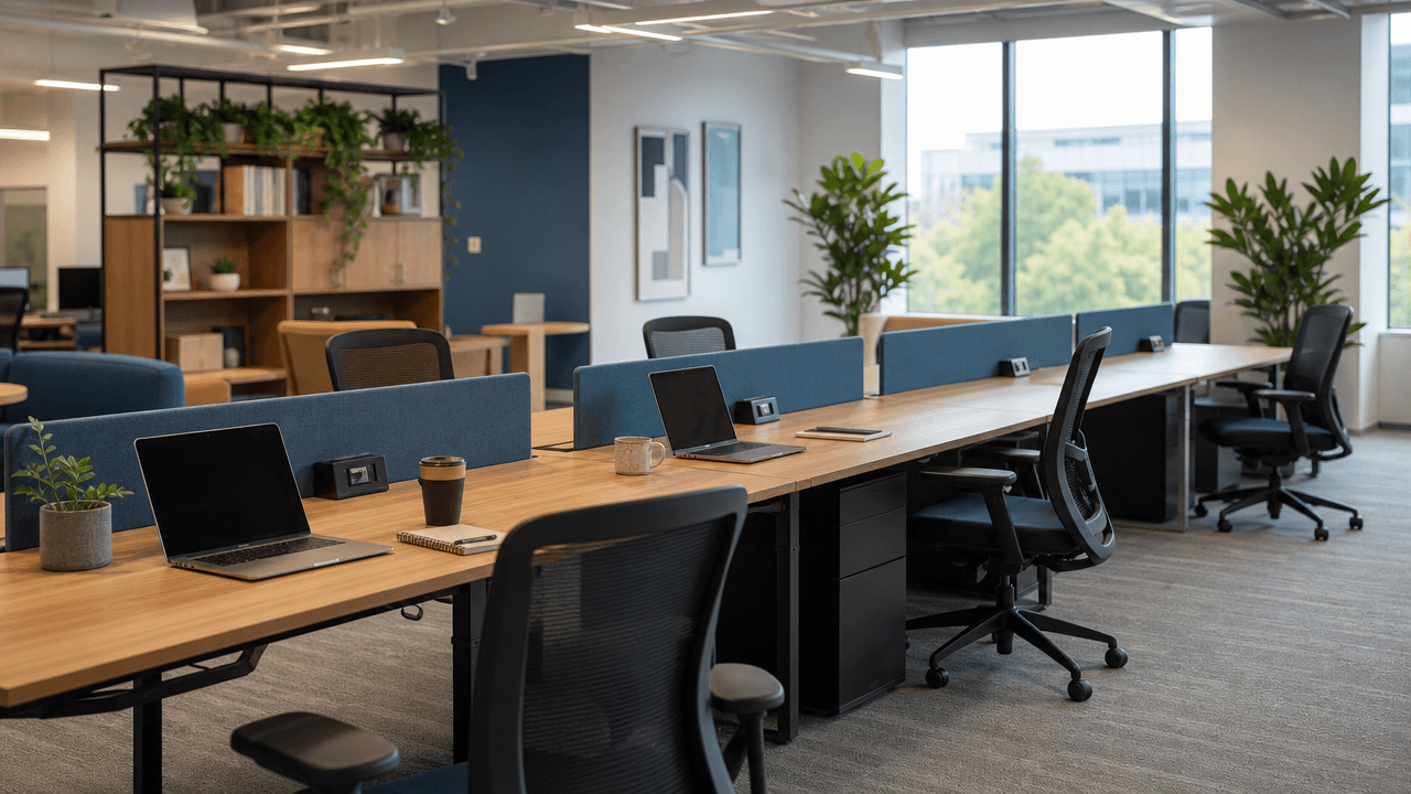 Modern hybrid office with a row of shared desks, some occupied with laptops and personal items, others empty and clean, neutral colors with warm wood tones, documentary photography