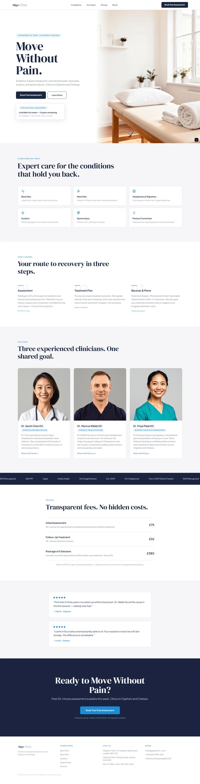 Full preview of a clean white chiropractic clinic website with deep navy structure and electric blue CTAs. A split hero with a floating "Free Postural Assessment" card, condition chip grid, and three clinician profiles drive conversions above the fold.