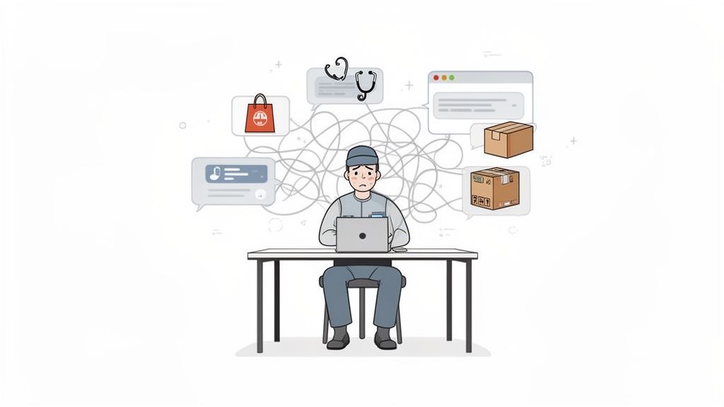 A man at a laptop, overwhelmed by tangled icons representing diverse business tasks like shipping, retail, and healthcare.