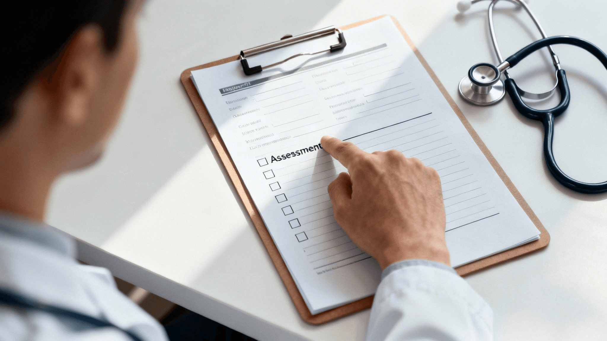  Doctor pointing at medical assessment form - Medical Report Writing