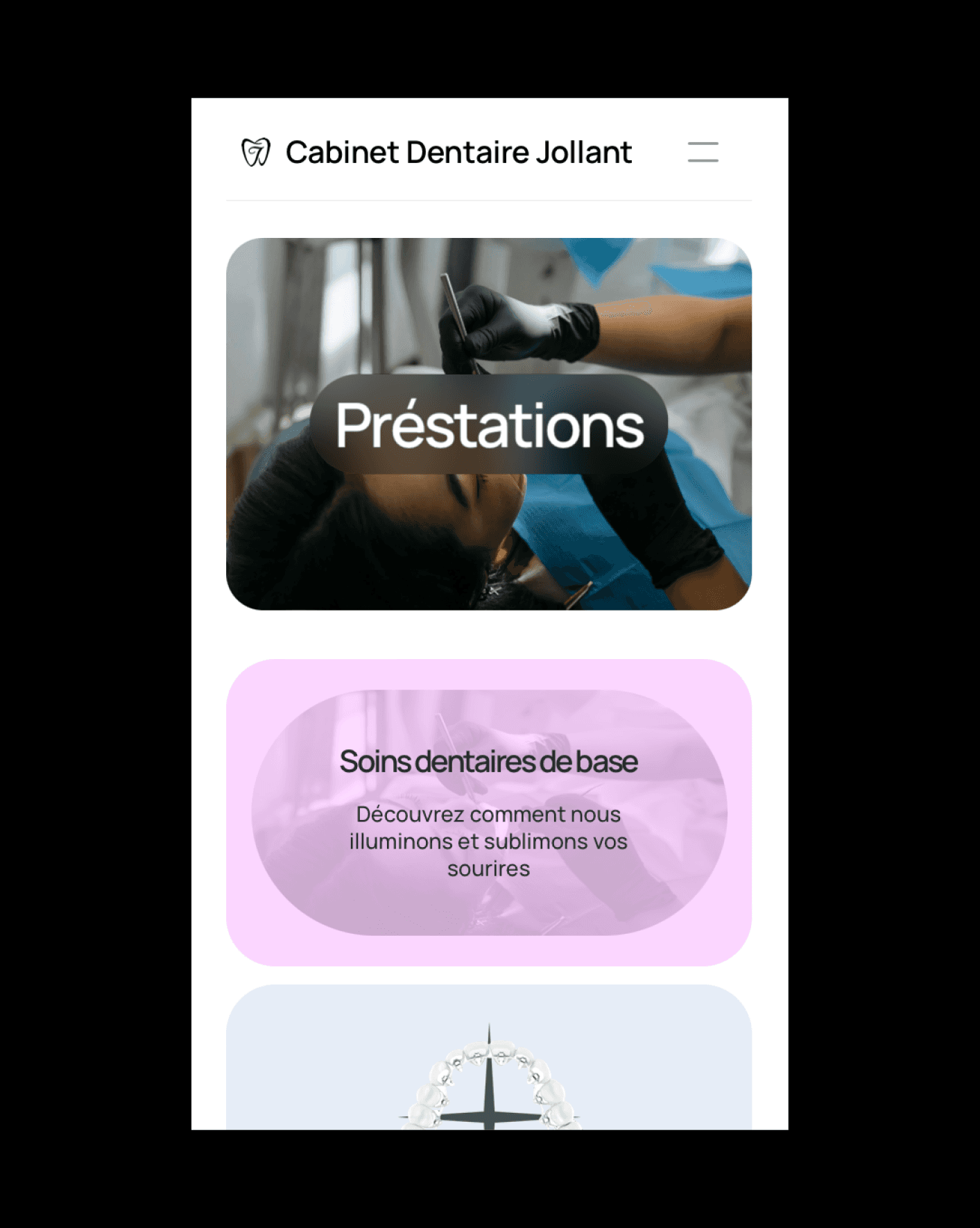 Page de présentation des prestations du Cabinet Dentaire Jollant avec une image de patient en cours de traitement dentaire