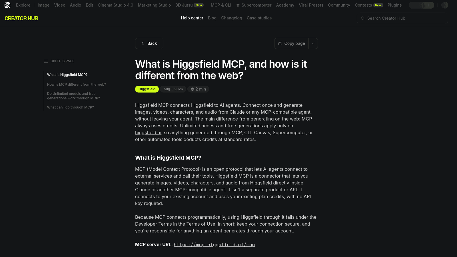 Higgsfield Creator Hub help center page explaining what Higgsfield MCP is and its differences from the web.