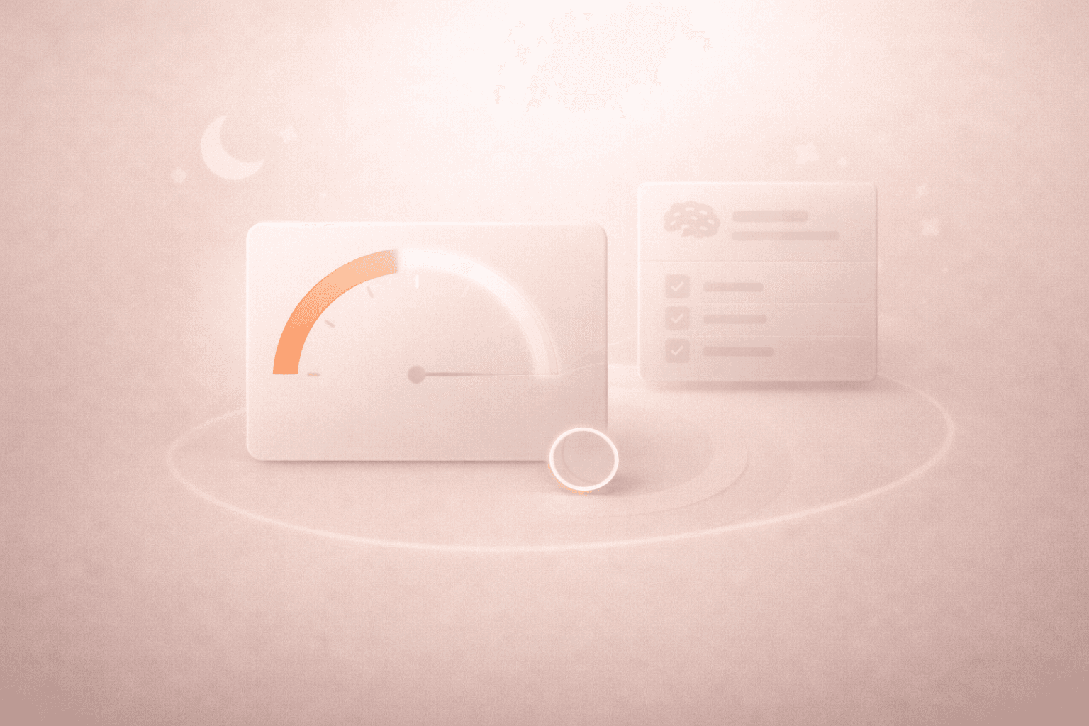 Minimalistische 3D-Illustration auf warmem cremebeigem Hintergrund mit einer zentralen Uhrkarte und unvollständigem korallorangenen Zeitbogen, daneben eine leicht gedimmte Aufgabenkarte sowie dezente Mond- und Sternsymbole, die zu wenig Schlaf und verminderte Konzentration darstellen.