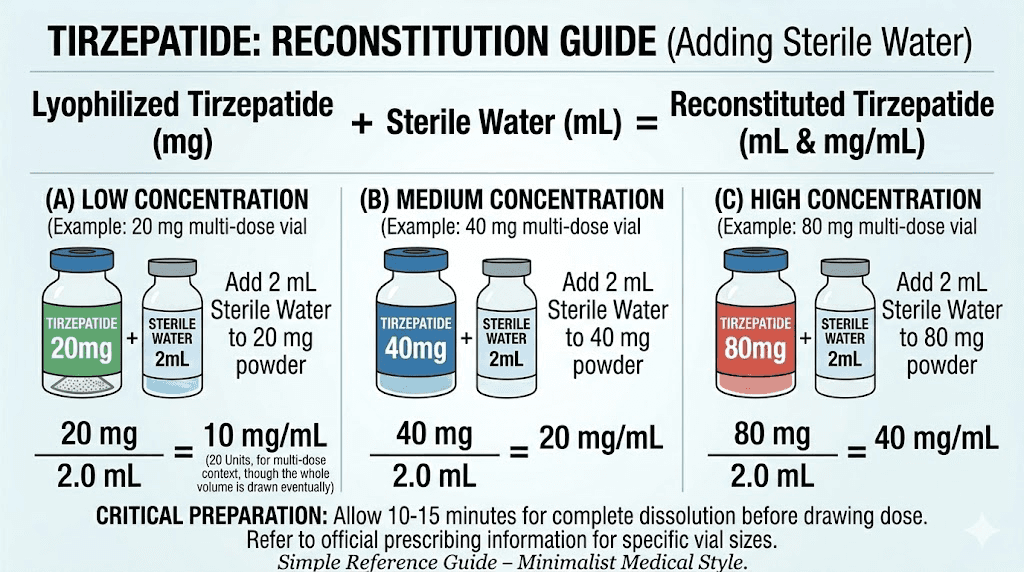 Tirzepatide reconstitution guide showing water volumes and final concentrations