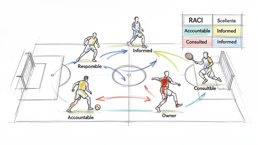 A soccer field diagram illustrating project roles: Responsible, Accountable, Consulted, Informed, and Owner, with a RACI matrix.