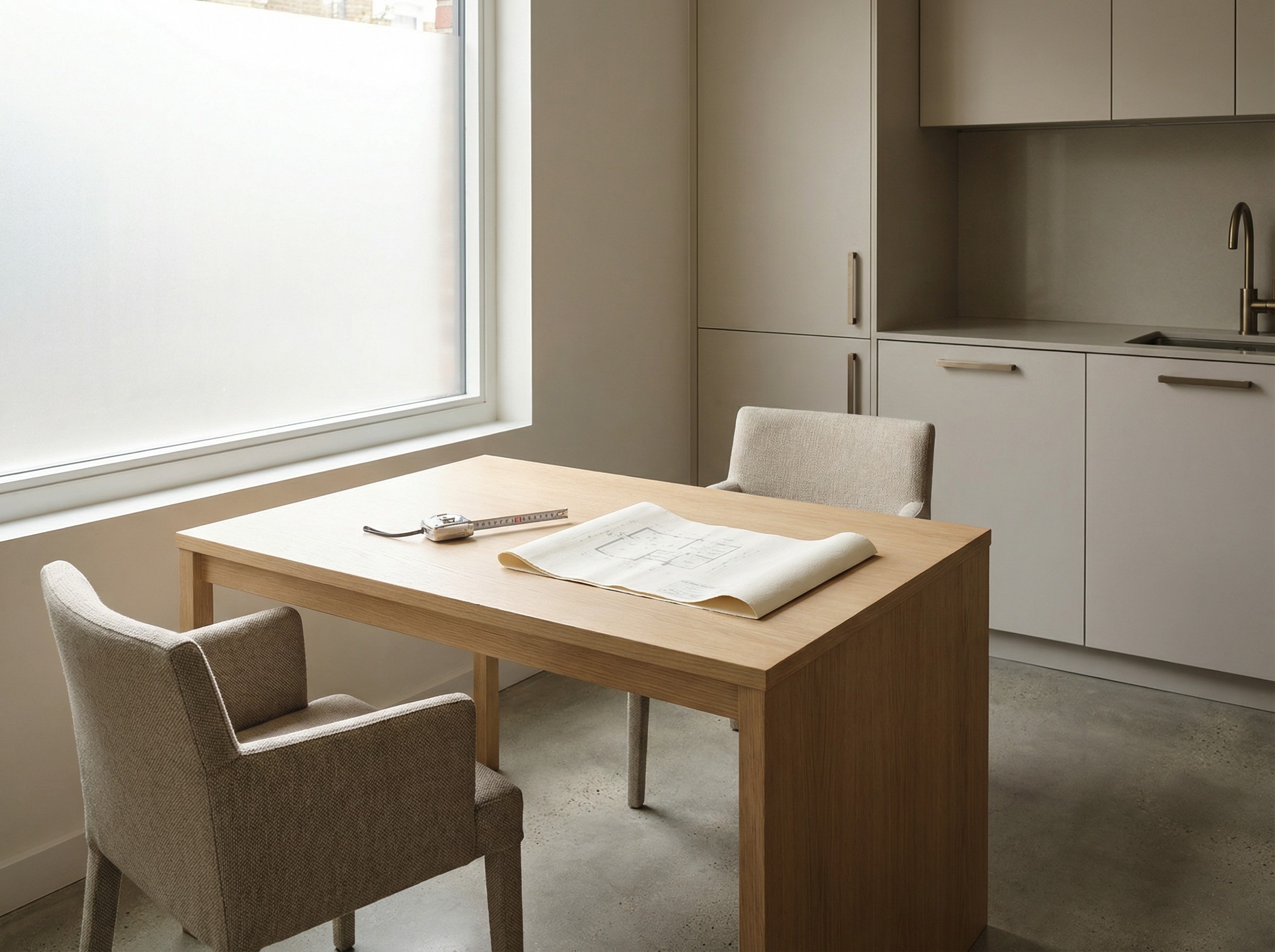 Ein leerer Planungsplatz mit zwei Stühlen, ruhiges Licht und klare Linien. Auf dem Tisch liegen Maßband und ein sauber gefalteter Grundriss. Die Atmosphäre wirkt strukturiert und bereit für den nächsten Termin. Nichts lenkt vom Raum ab.