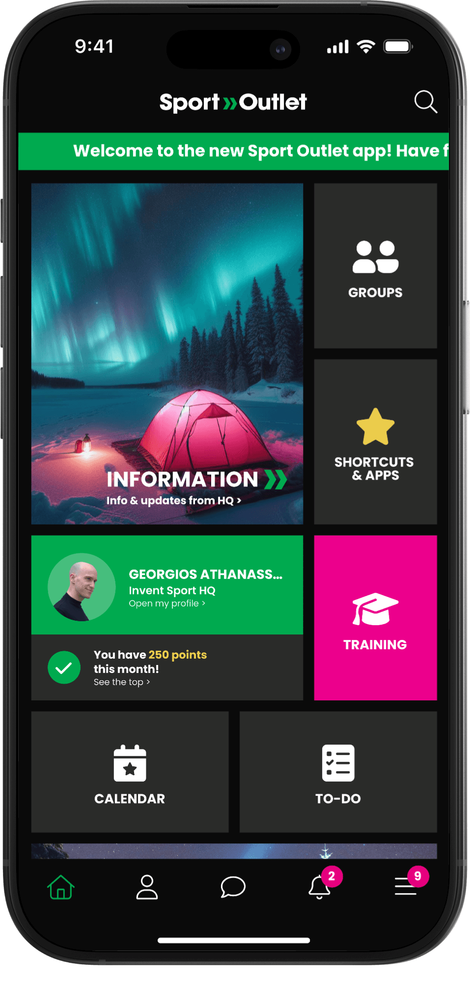 Mobile app interface showing the Sport Outlet internal app home screen with navigation, information sections, and employee tools.