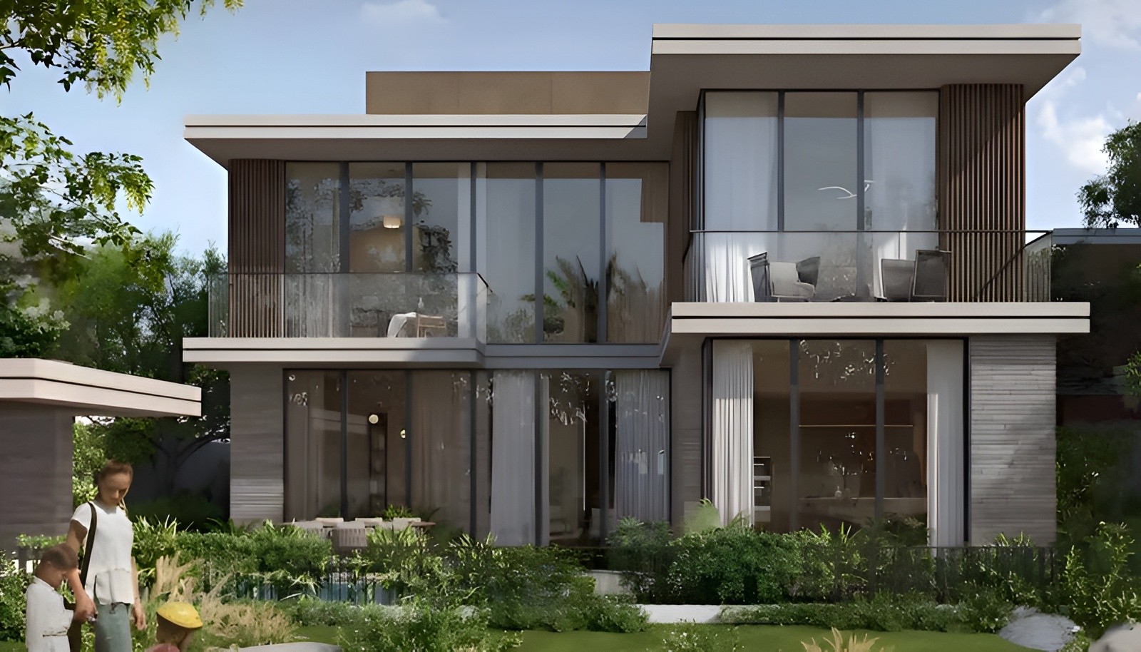 Modern home overlooking the golf course at Equestra at Grand Polo, featuring contemporary architecture and lush surroundings.