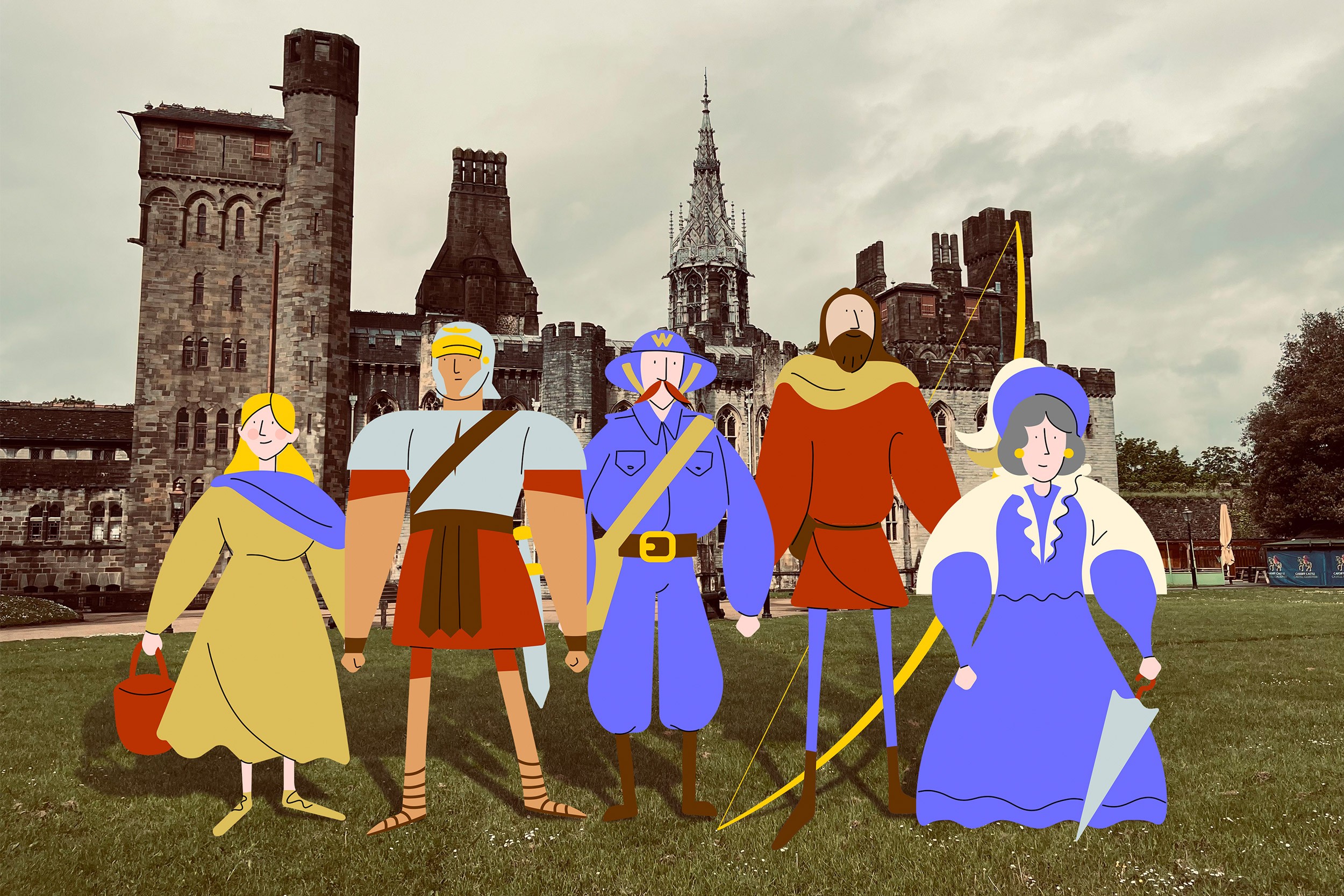 The illustrated characters standing in a photo of the Castle grounds