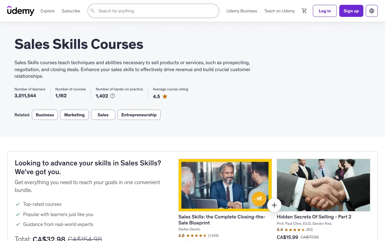 Udemy sales courses marketplace listing