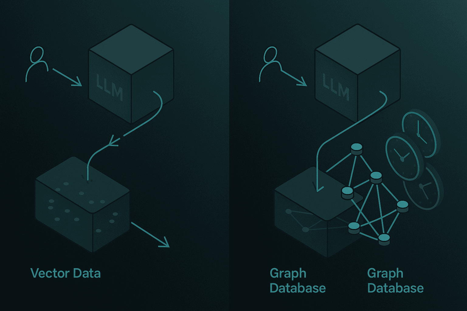 Side-by-side illustration contrasting vector-only and graph-enhanced memory architectures.
