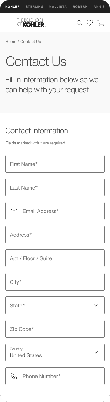 Kohler contact us form