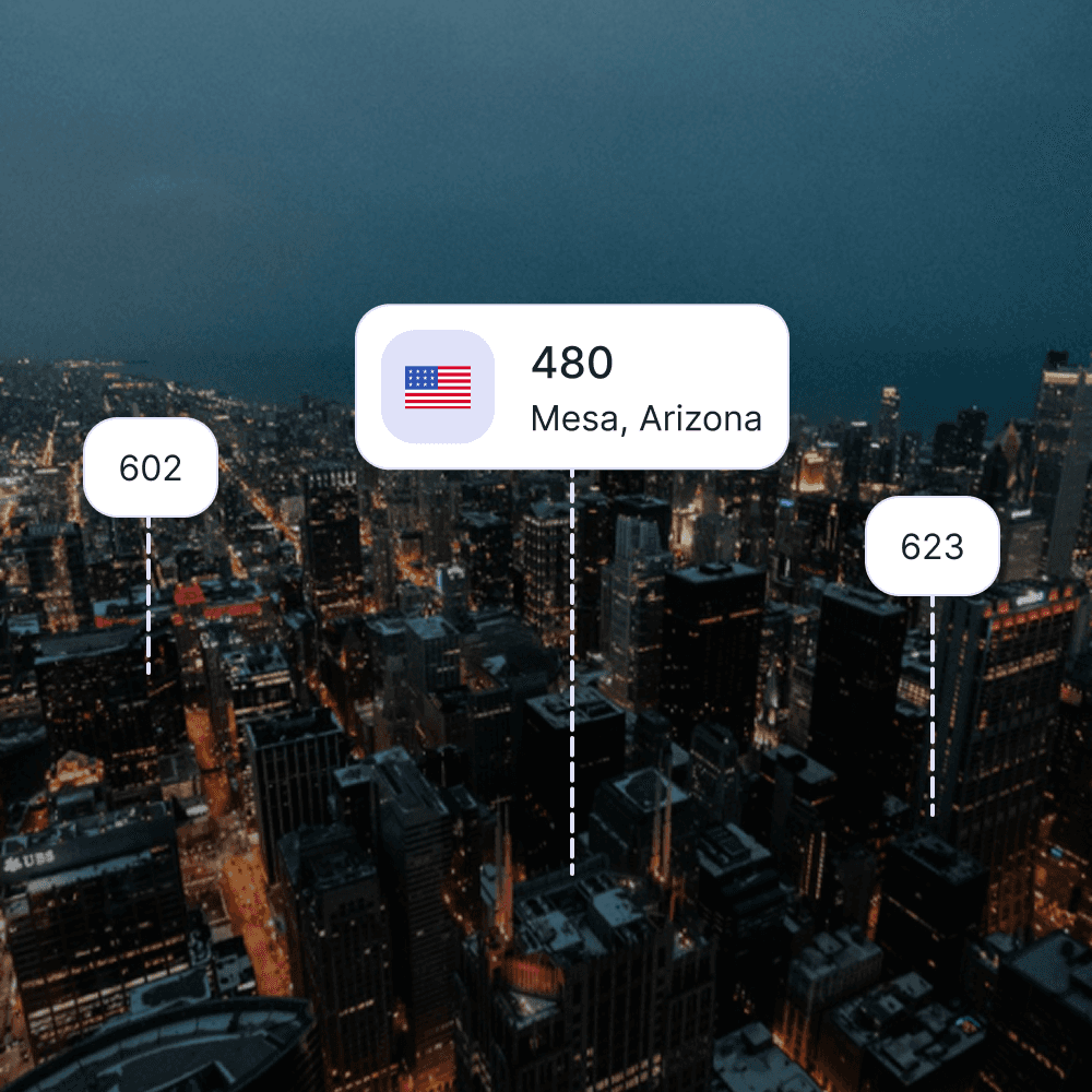 City skyline of Mesa showing the 480 area code and surrounding area codes