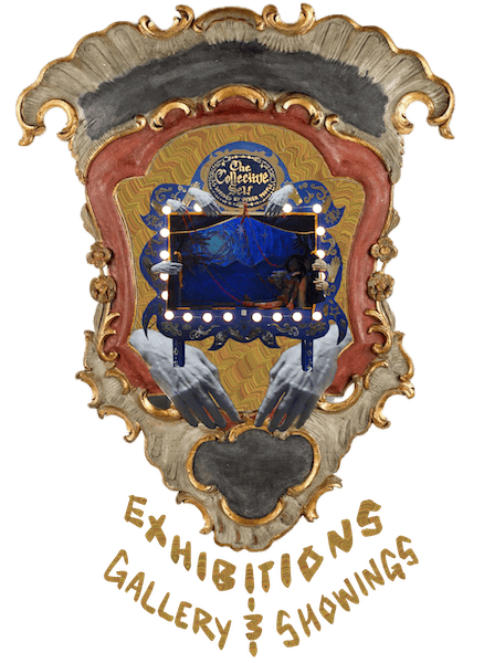 exhibitions and gallery showings portfolio section button, with image of an antique carrousel frame containing theatre box from The Collective Self as Defined by Other People propped up on two hands