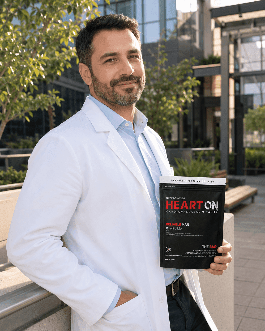 White doctor in white coat holding heart on bag 
