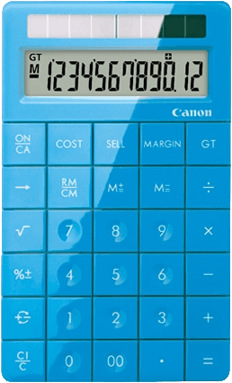Canon X Mark I calculator in blue, a slim desktop calculator with a solar strip and large blue keys.
