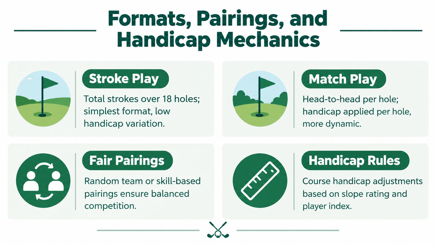 An infographic titled Formats, Pairings, and Handicap Mechanics explaining golf tournament structure and handicap rules.
