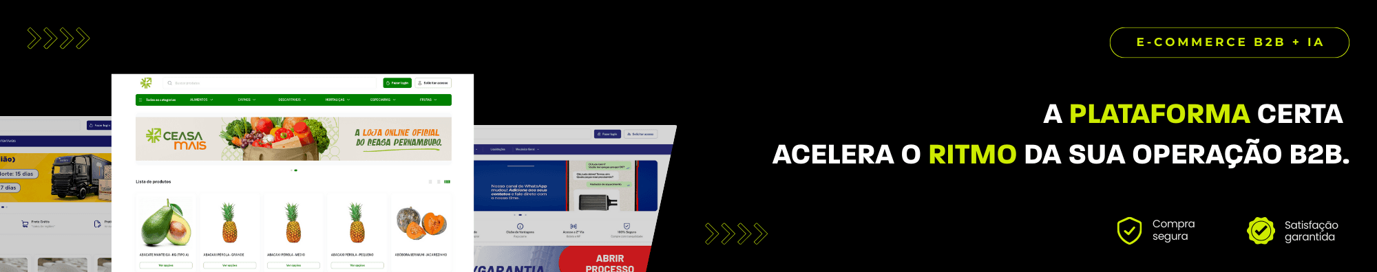 Banner horizontal com fundo escuro, ícones de segurança e satisfação, e imagens de lojas B2B exibidas à esquerda. Elementos gráficos em verde destacam o tema de e-commerce B2B com IA.