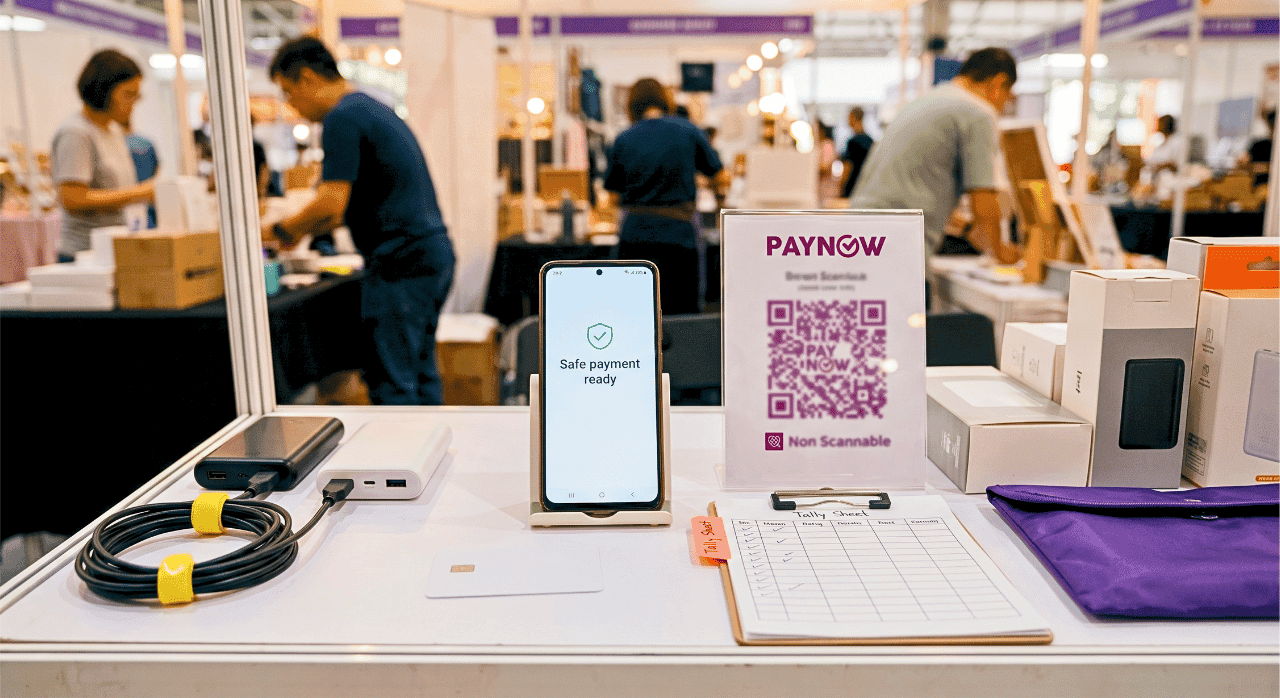 Payment solutions for event vendors in Singapore with a phone payment setup, PayNow QR stand, chargers and booth tally sheet
