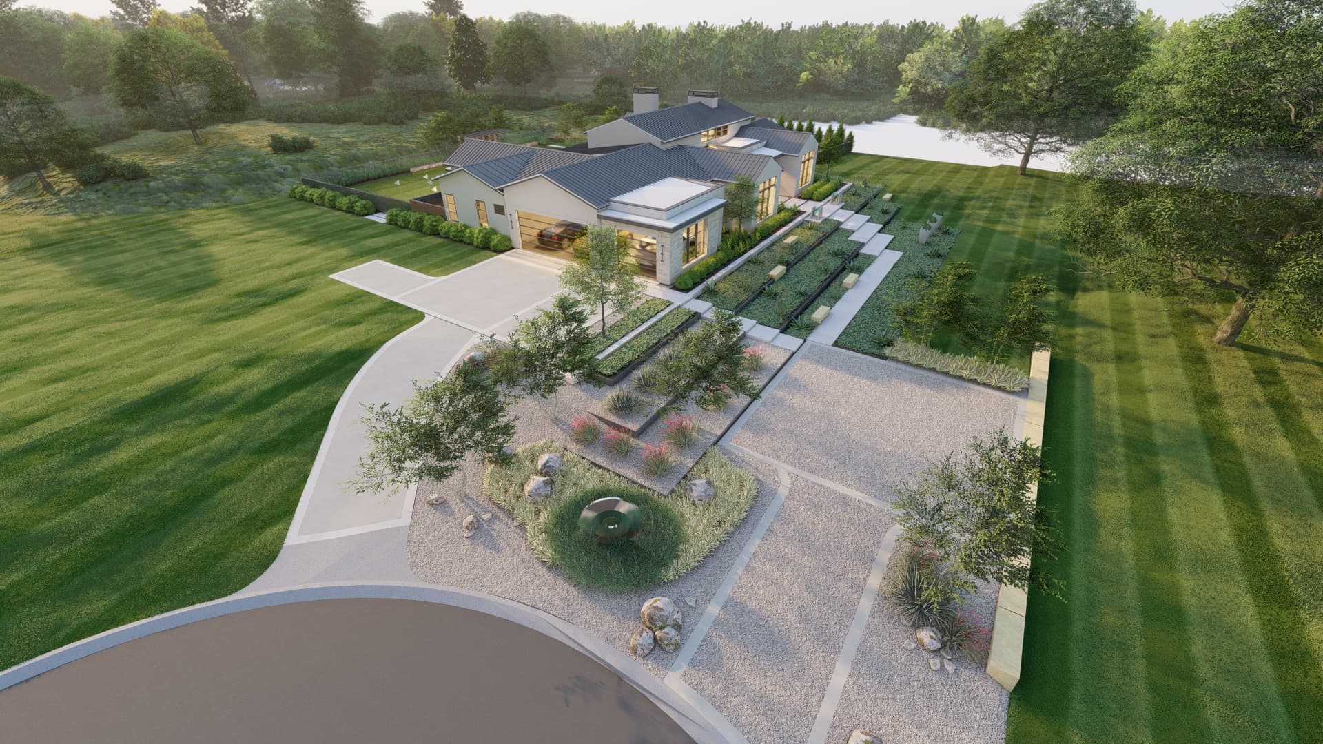 Landscape Design defining boundaries between  maintained and open acreage in Aledo Tx