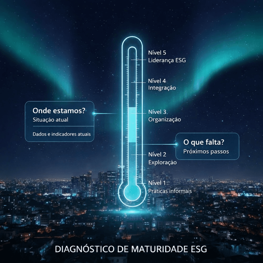 Termômetro representando diagnóstico de maturidade com 5 níveis: práticas informais, exploração, organização, integração e liderança ESG