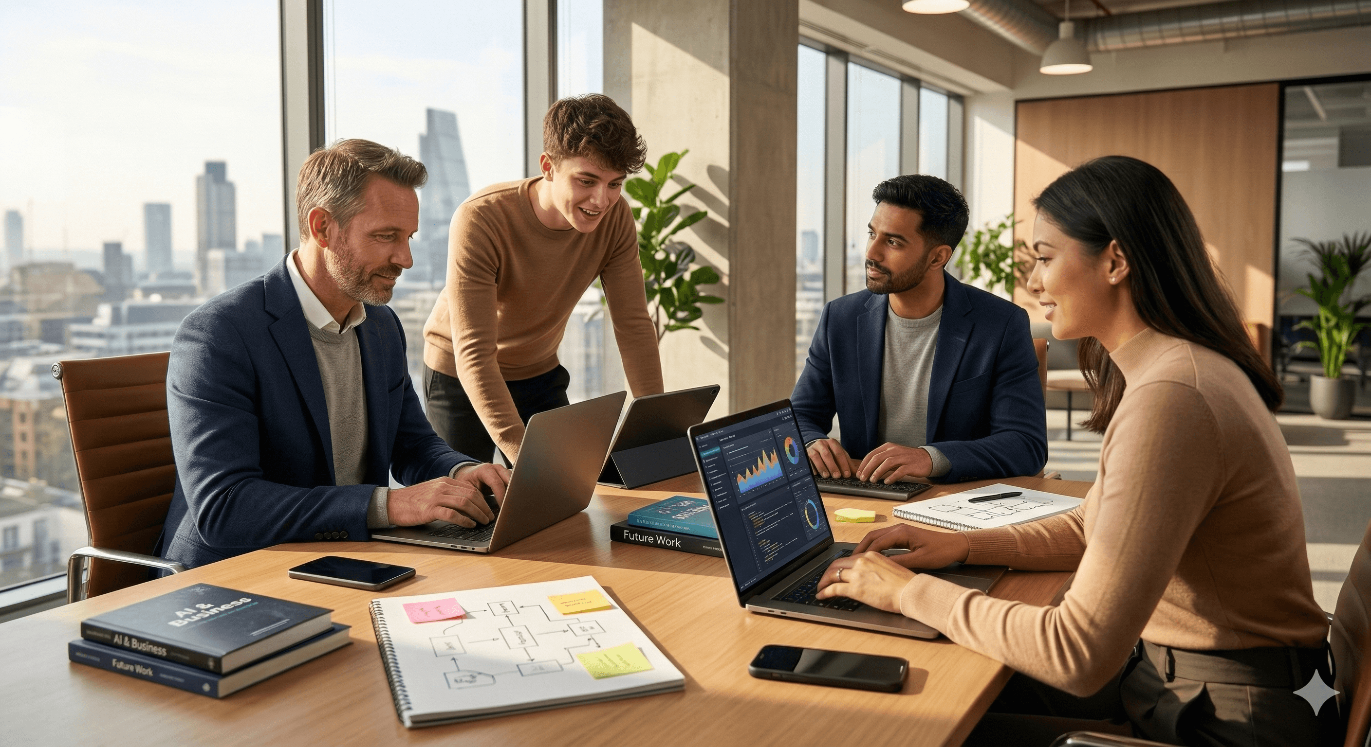 A diverse group of professionals collaborates in a modern office, focusing on laptop screens displaying data analytics and graphs, illustrating the impact of AI on various careers, as discussed in the context of Anthropic's AI tracker.