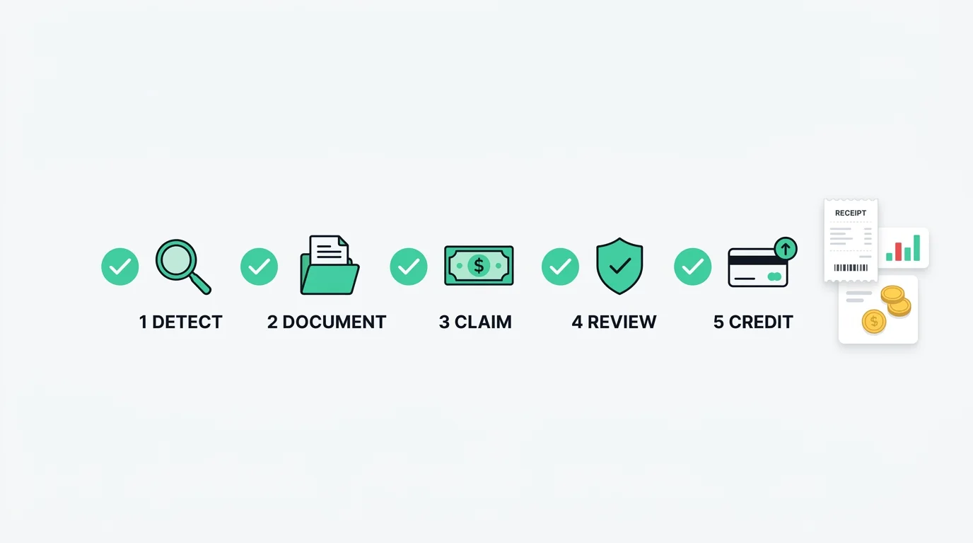 Ad-budget recovery flow: click icons pass through a filter, red invalid clicks routed back as a green credit tag, fraud0 palette