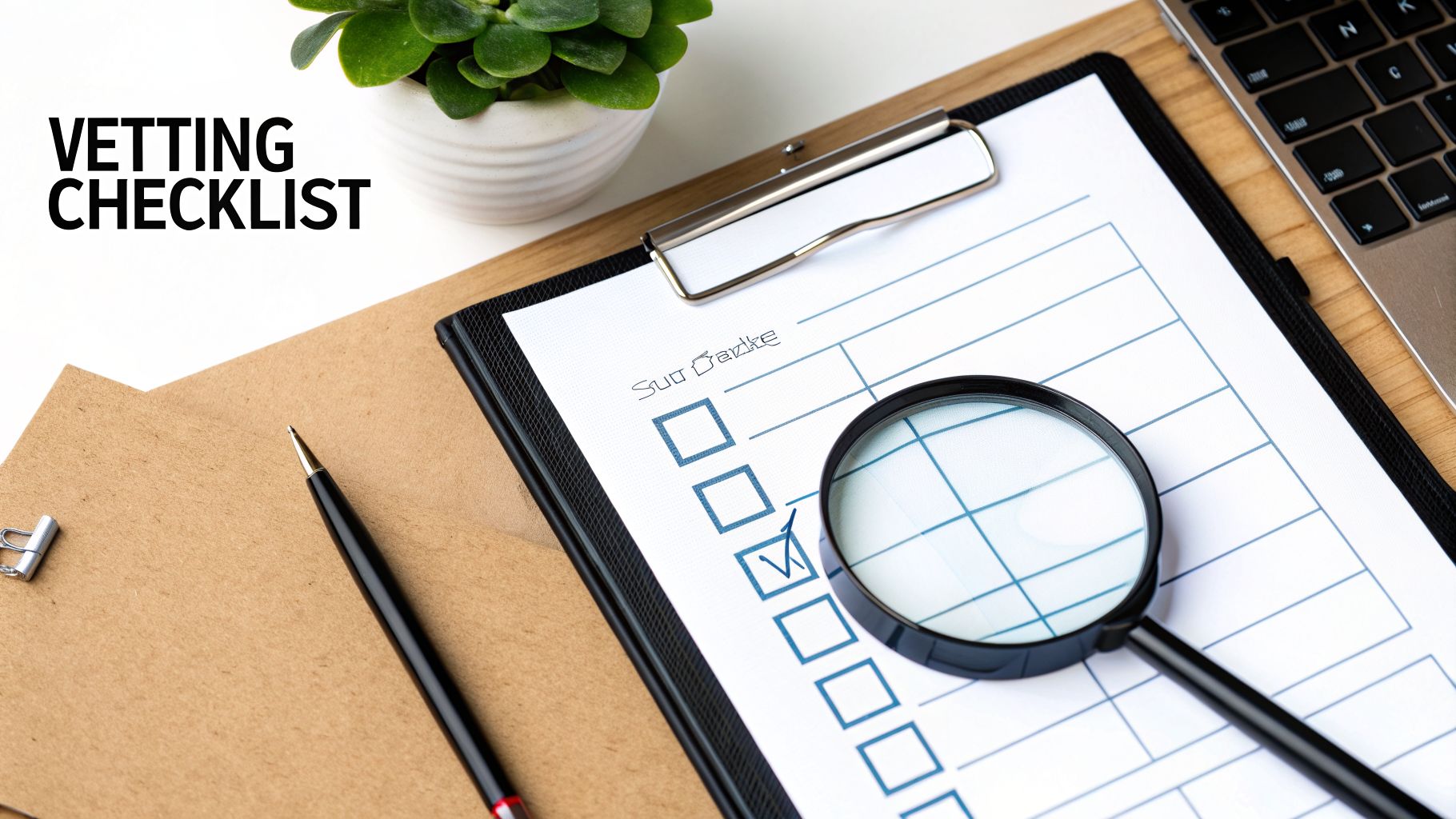 Top-down view of a 'Vetting Checklist' on a clipboard with a magnifying glass, symbolizing thorough review.
