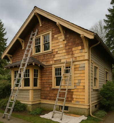 Interior of a warm, modern café rendered in line-art style with high ceilings, pendant lighting, and wood and metal furnishings.