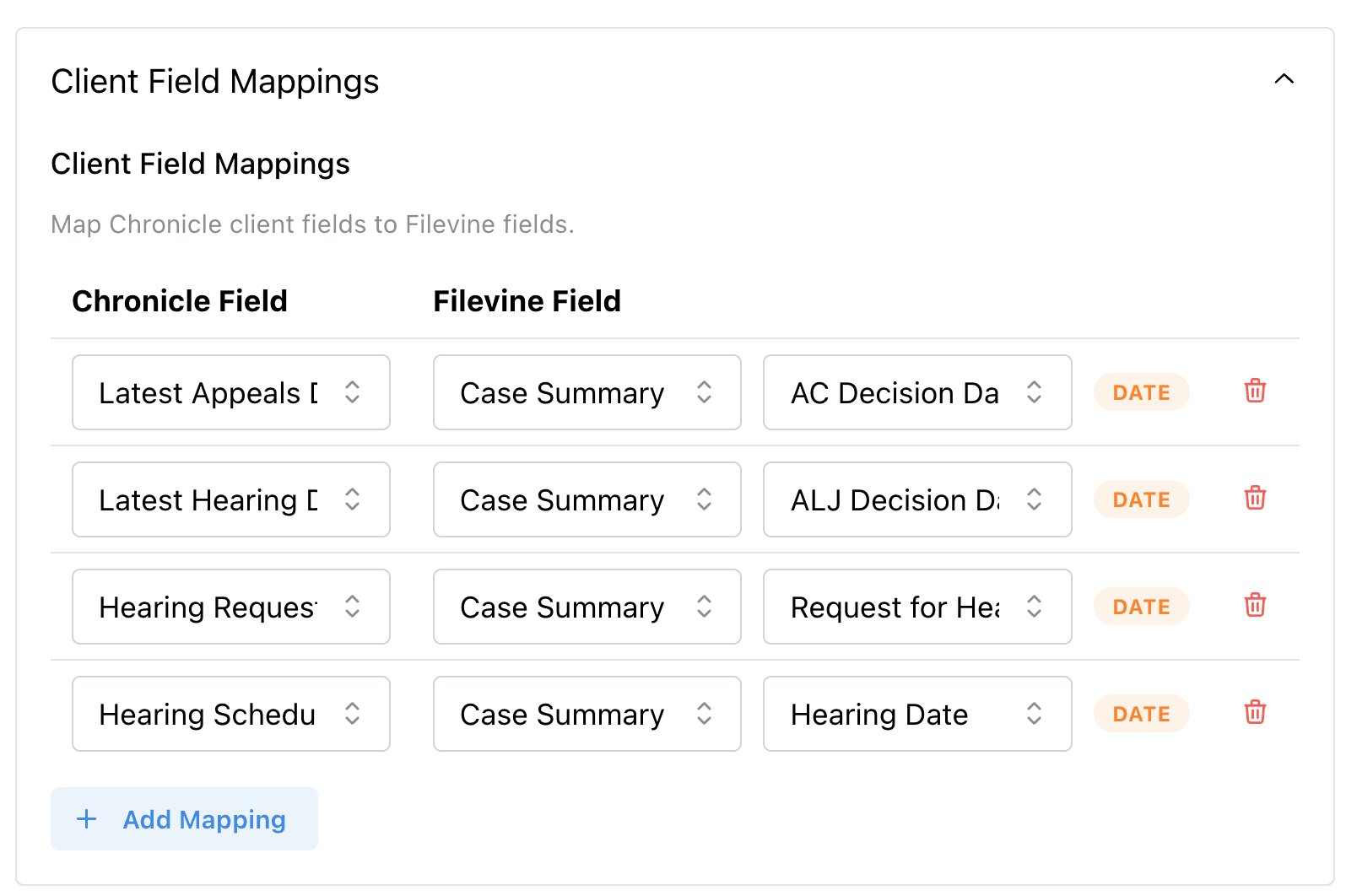 Client field mappings from Chronicle to Filevine