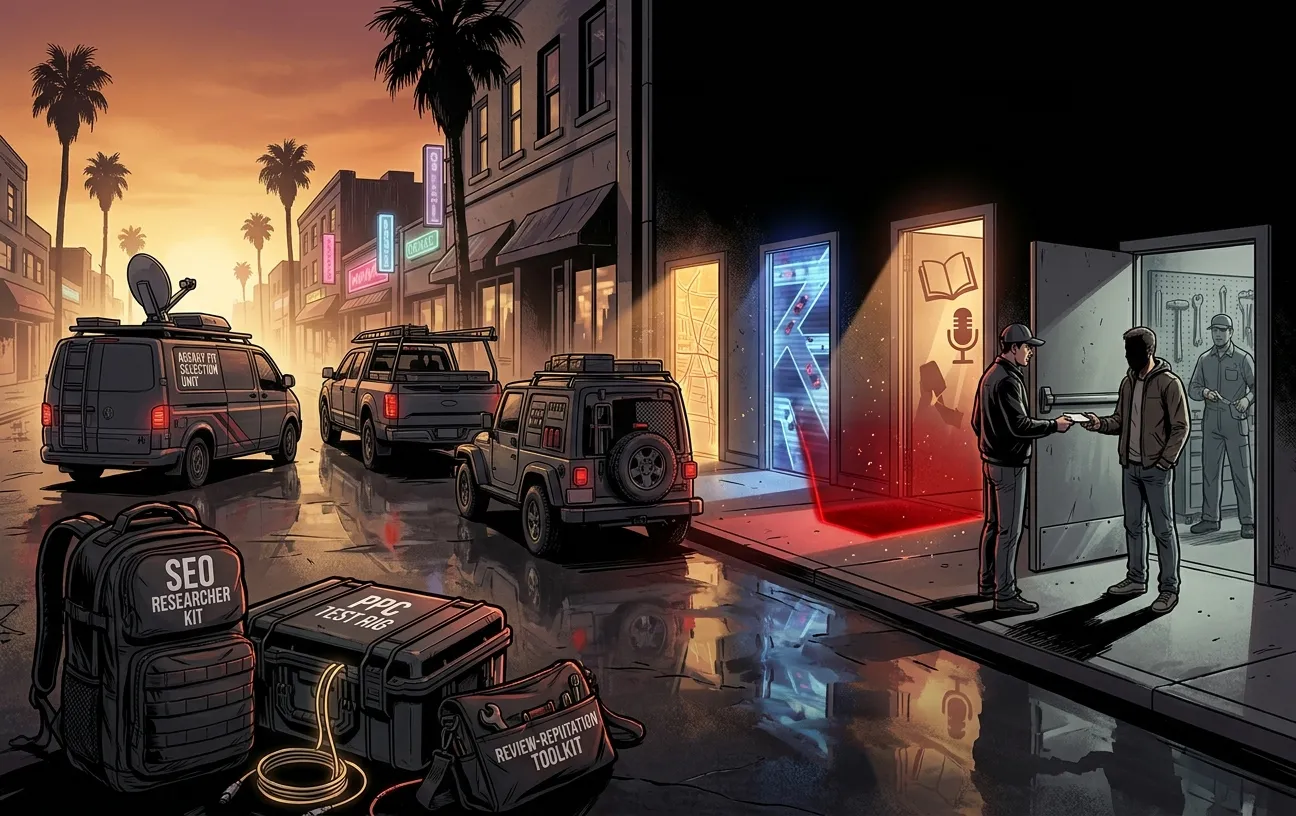 Street scene at sunset with RockN' Socials digital marketing vans and gear.