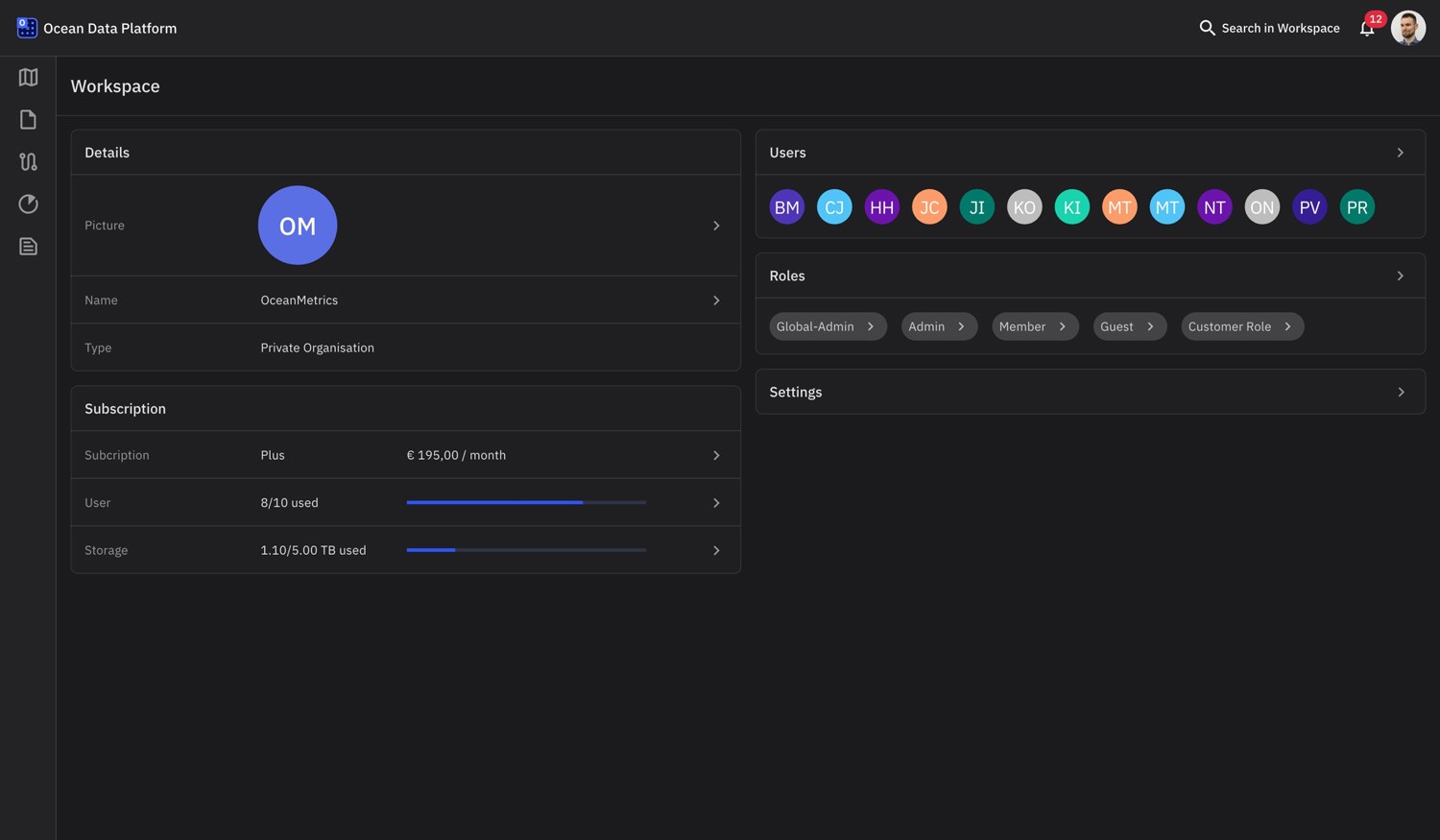 TrueOcean Marine Data Platform workspace details on desktop