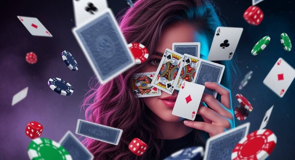 Woman behind playing cards