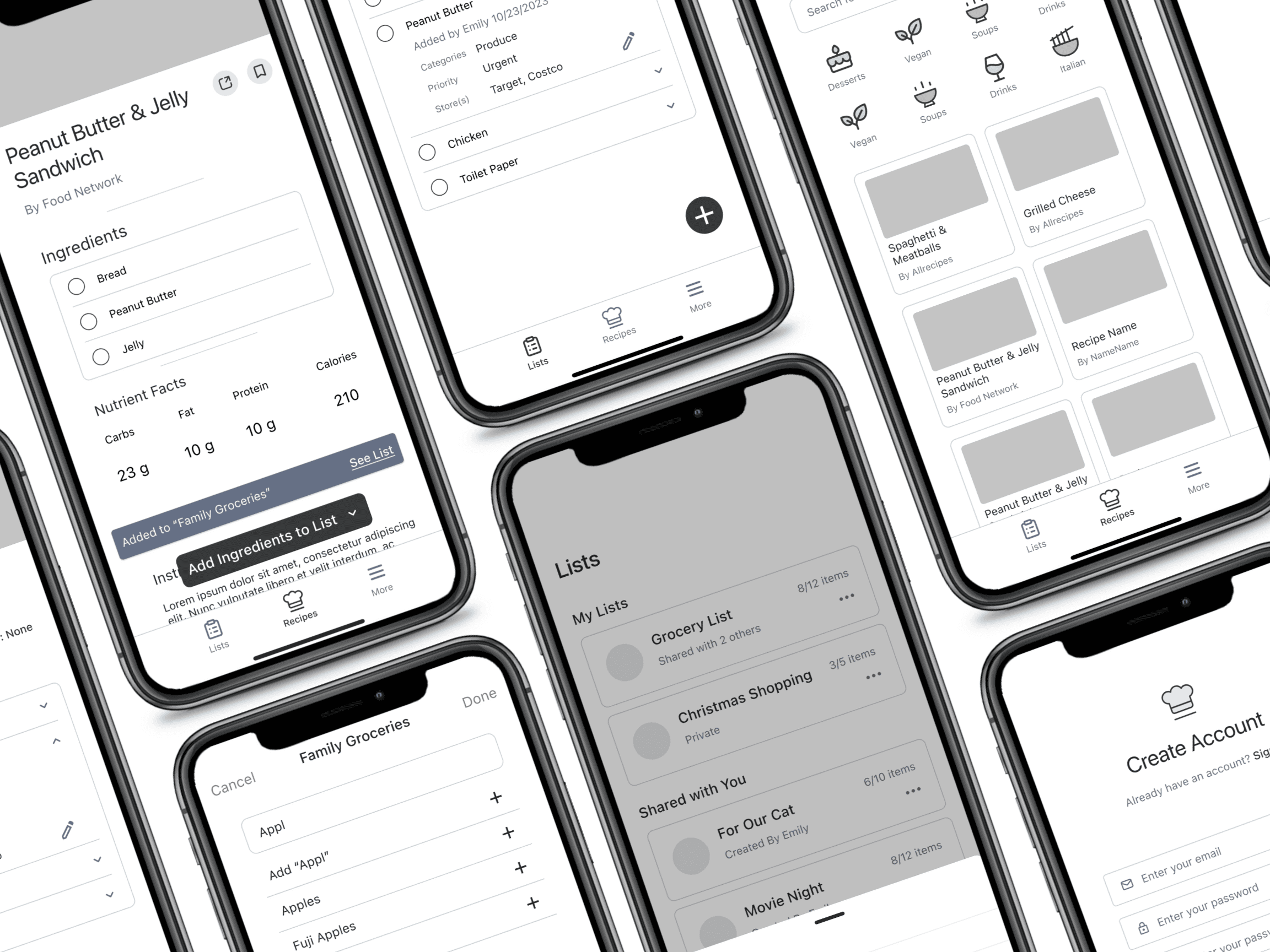 Mockup of phones showing KitchenSynch wireframes