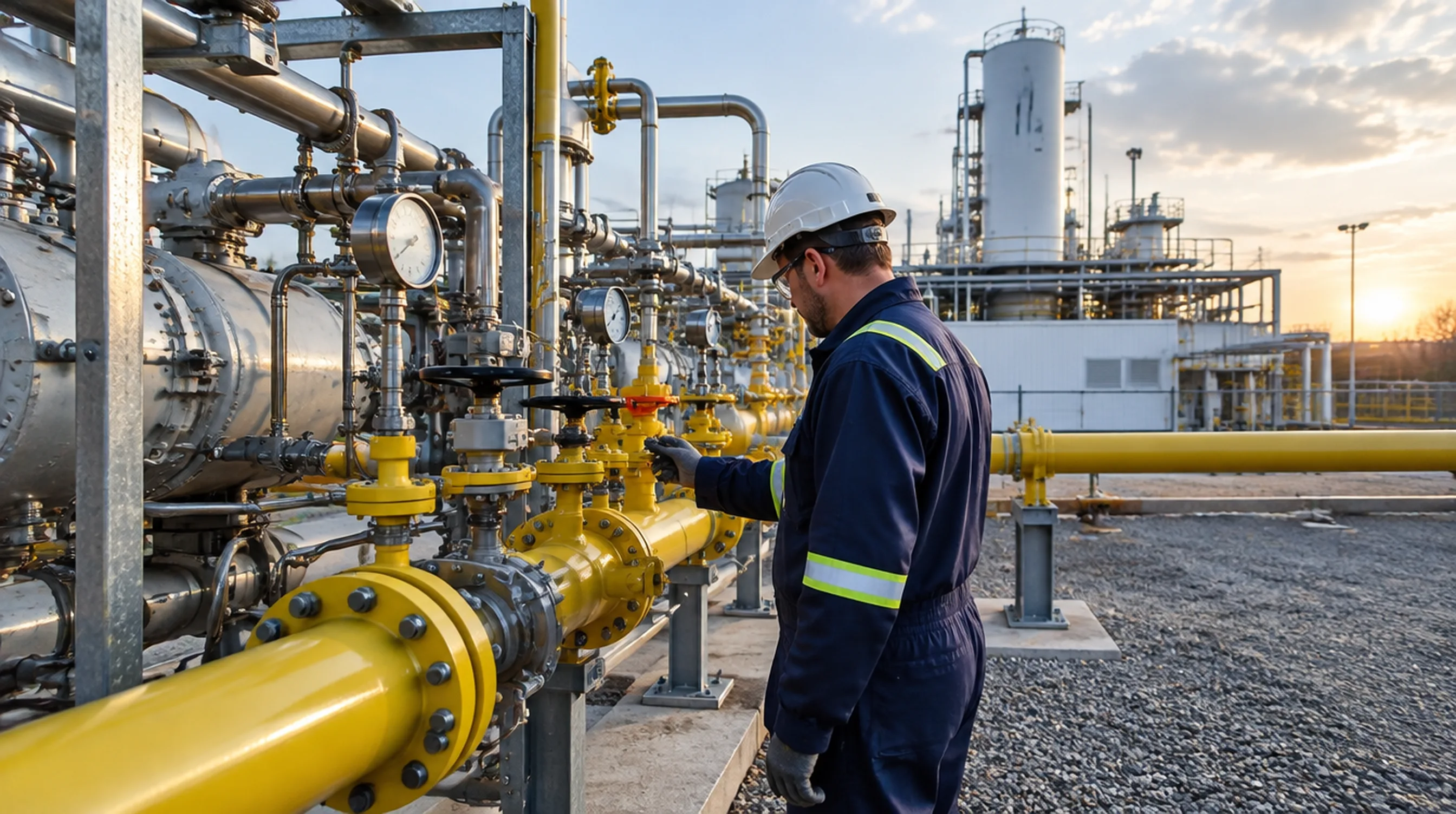 Engineer in a hard hat inspecting valves on a CO2 compression and pipeline station next to a hydrogen plant
