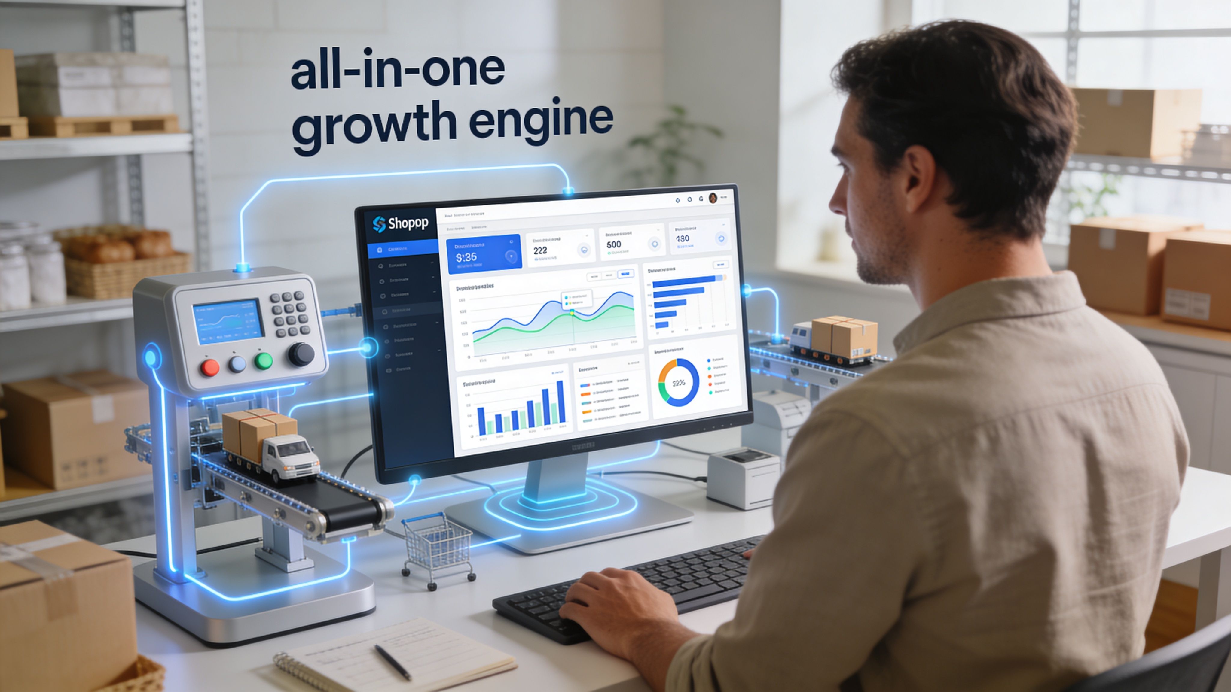 A man working on an ecommerce growth engine dashboard on his computer in a warehouse office setting.