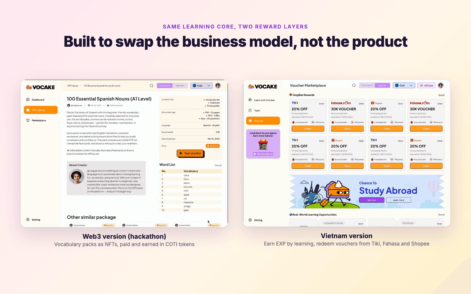 Web3 version with NFT vocabulary packs next to the Vietnam version with a voucher marketplace