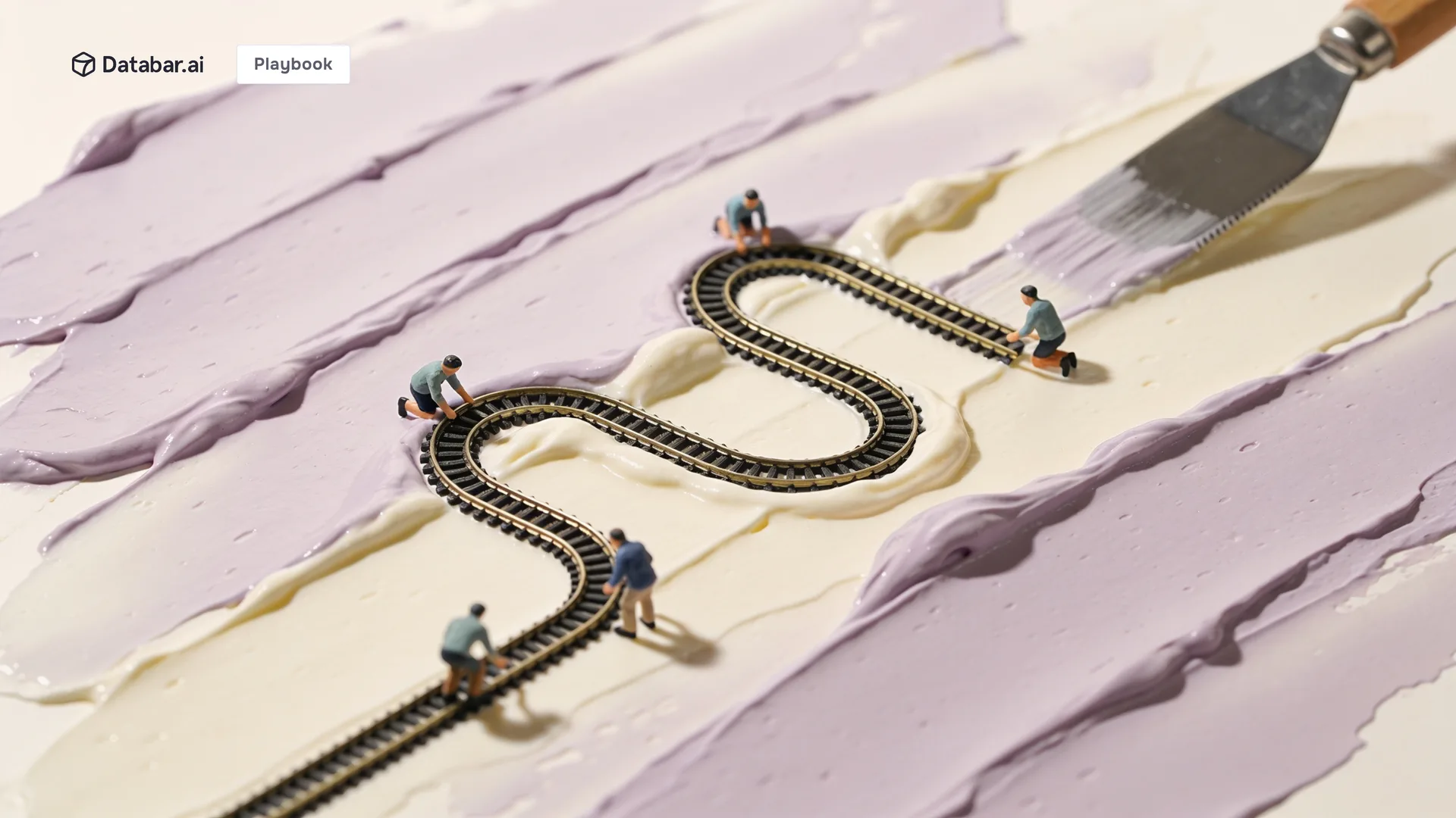 Impasto illustration of short tracks laid and re-laid — fast GTM iteration over perfect playbooks