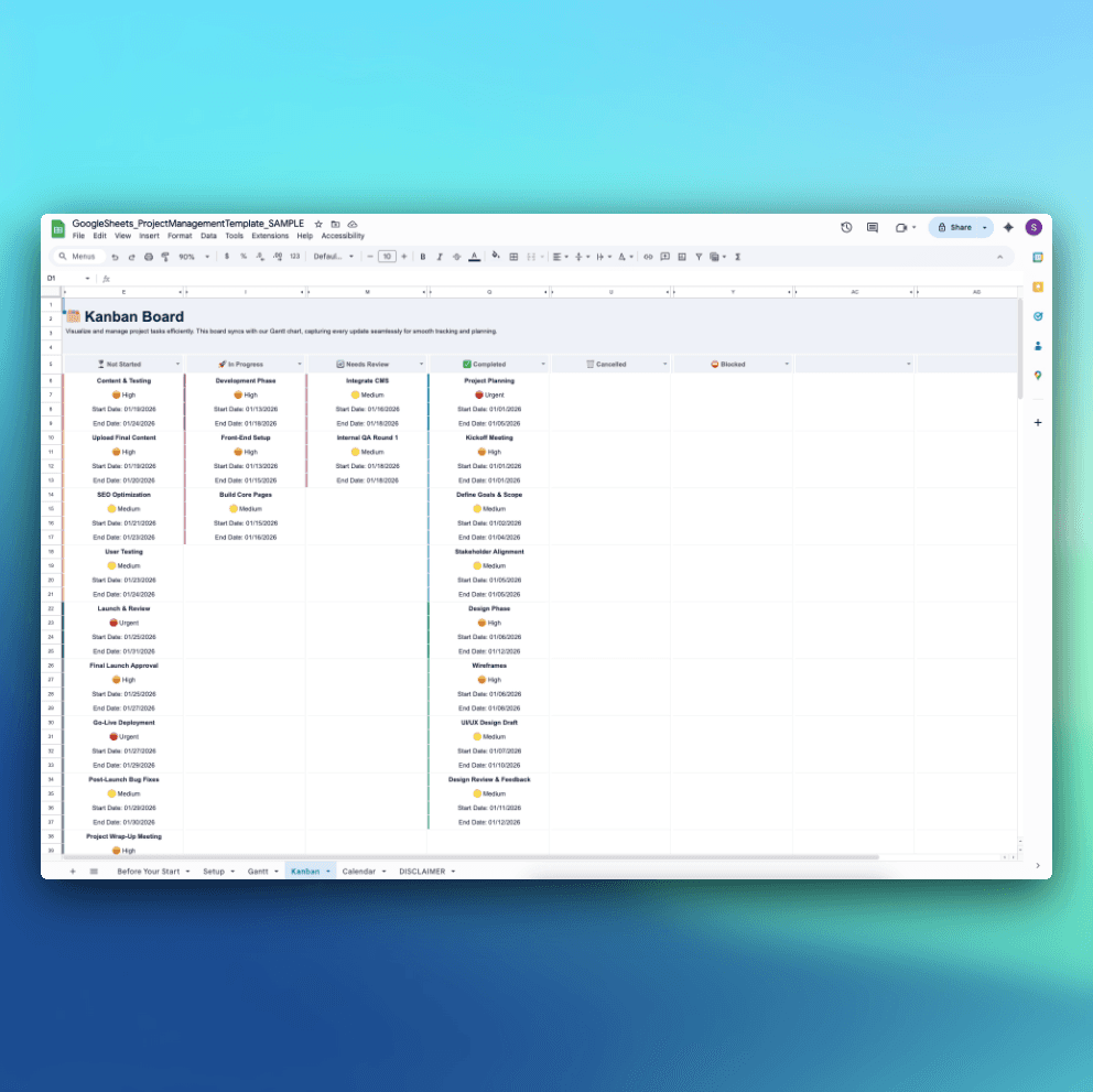 Google Sheets Kanban board in project management template – columns for Not Started, In Progress, Needs Review, Completed with priority-colored task cards and dates