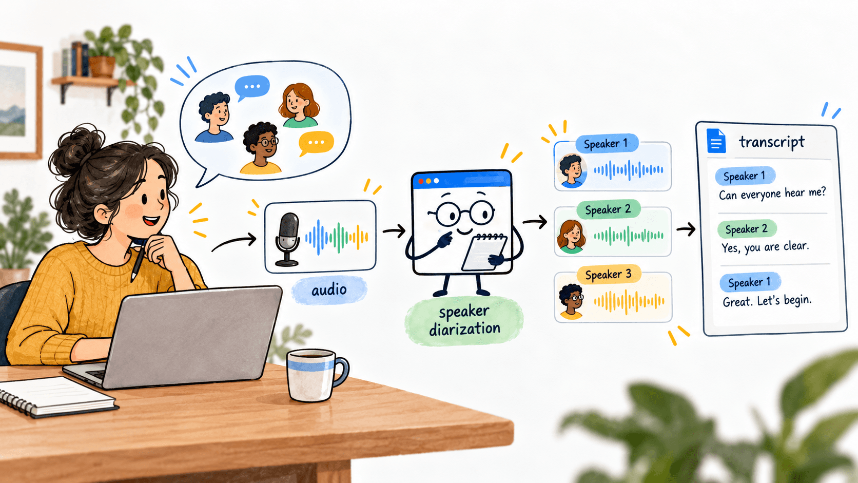  Alt Text: Hand-drawn illustration showing how speaker diarization separates a two-person conversation into Speaker 1 and Speaker 2, producing a readable transcript with consistent speaker labels. 