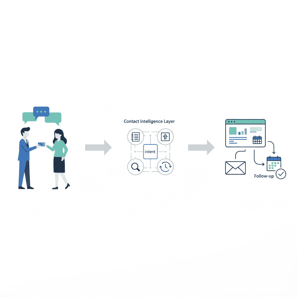 Visual flow diagram showing the sales process from in-person conversation to contact intelligence capture, CRM entry, and timely follow-up.