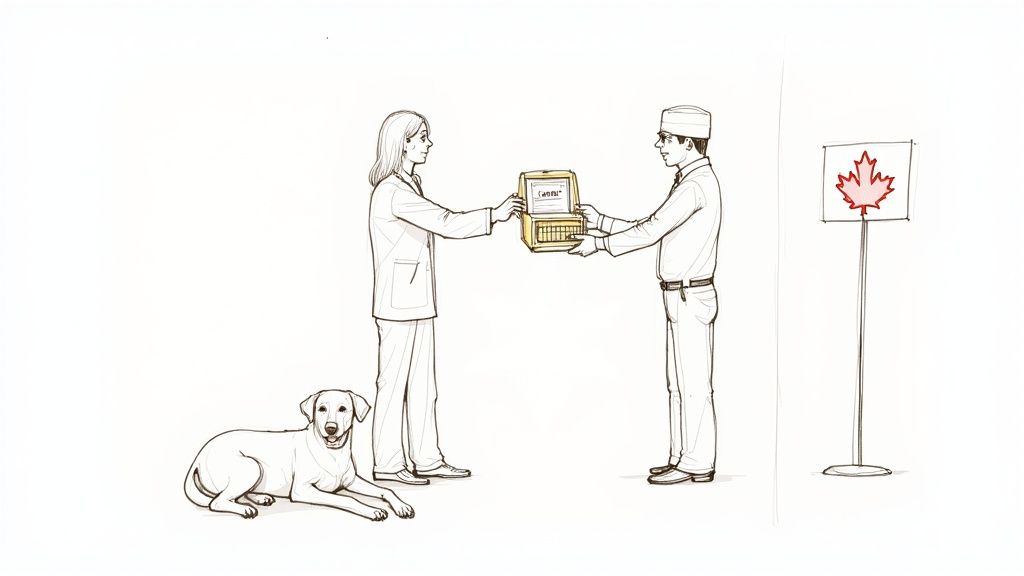 A person hands a device labeled 'Canada' to an officer, with a dog lying nearby and a maple leaf symbol.