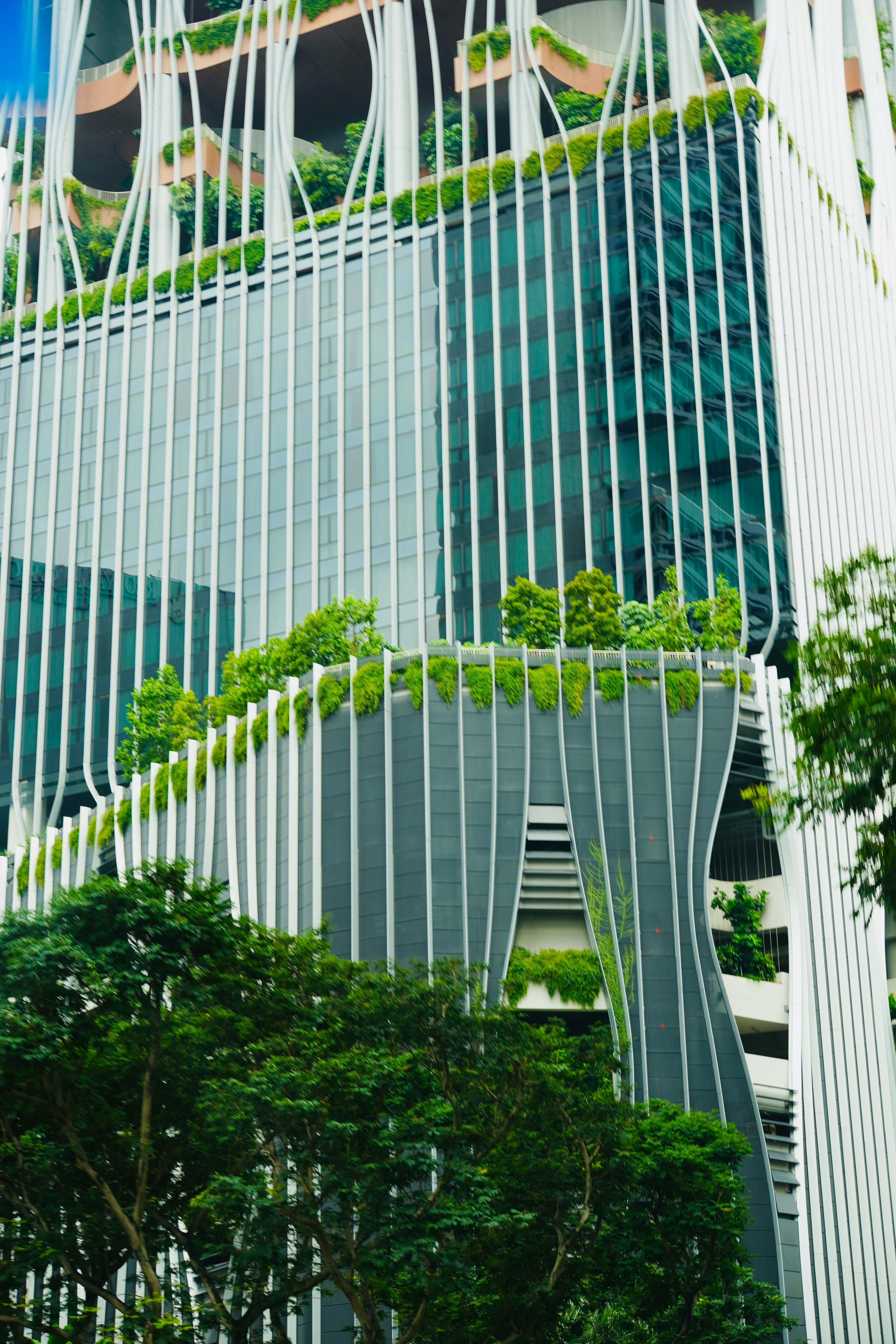 A very tall building with a bunch of trees in front of it