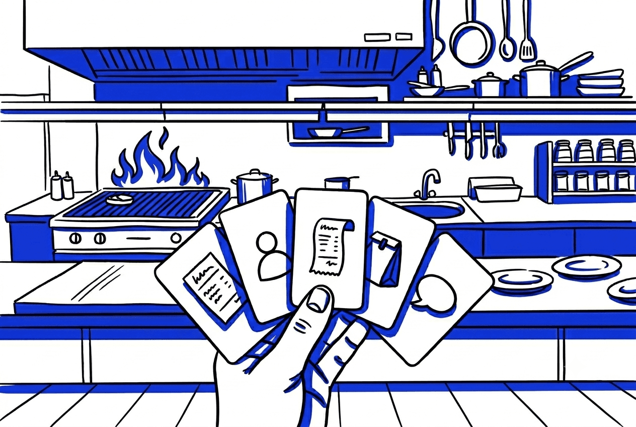 Hand holding five restaurant operations cards representing kitchen automation, staff performance, food cost, virtual brands, and customer intelligence tools in front of a busy open kitchen in Saudi Arabia and UAE multi-location restaurant