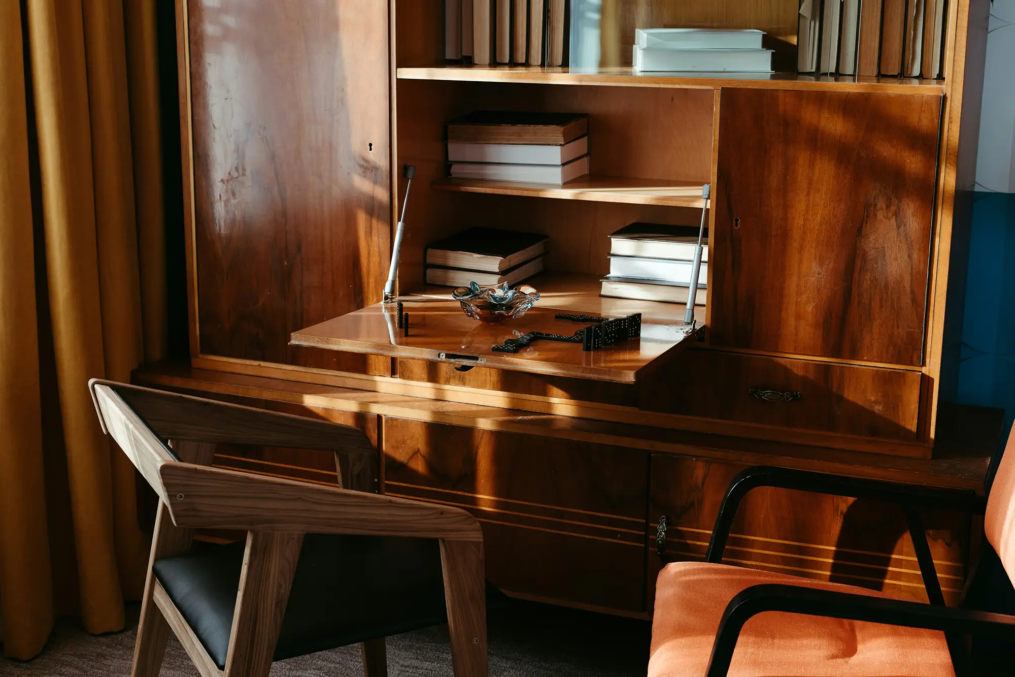Wooden, mid-century modern secretary desk with open writing surface