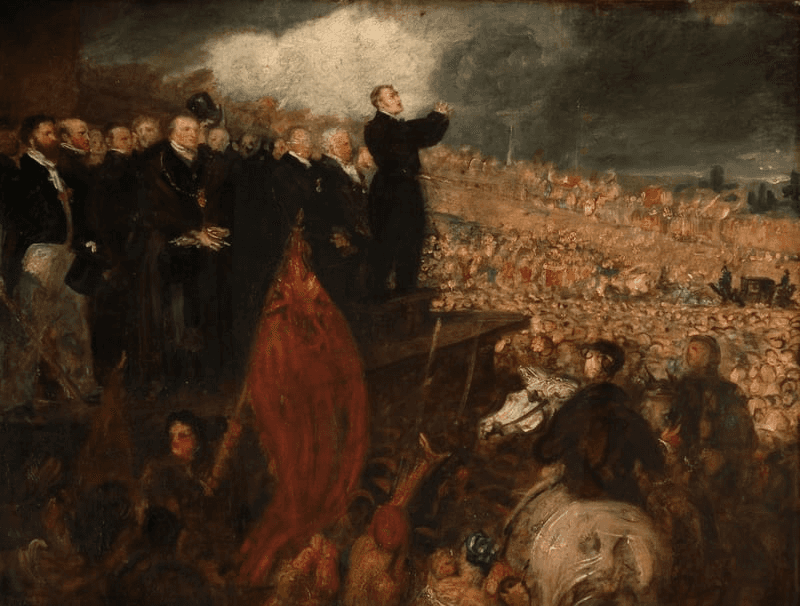 A dramatic scene featuring figures in dark clothing, against a tumultuous landscape with stormy skies.