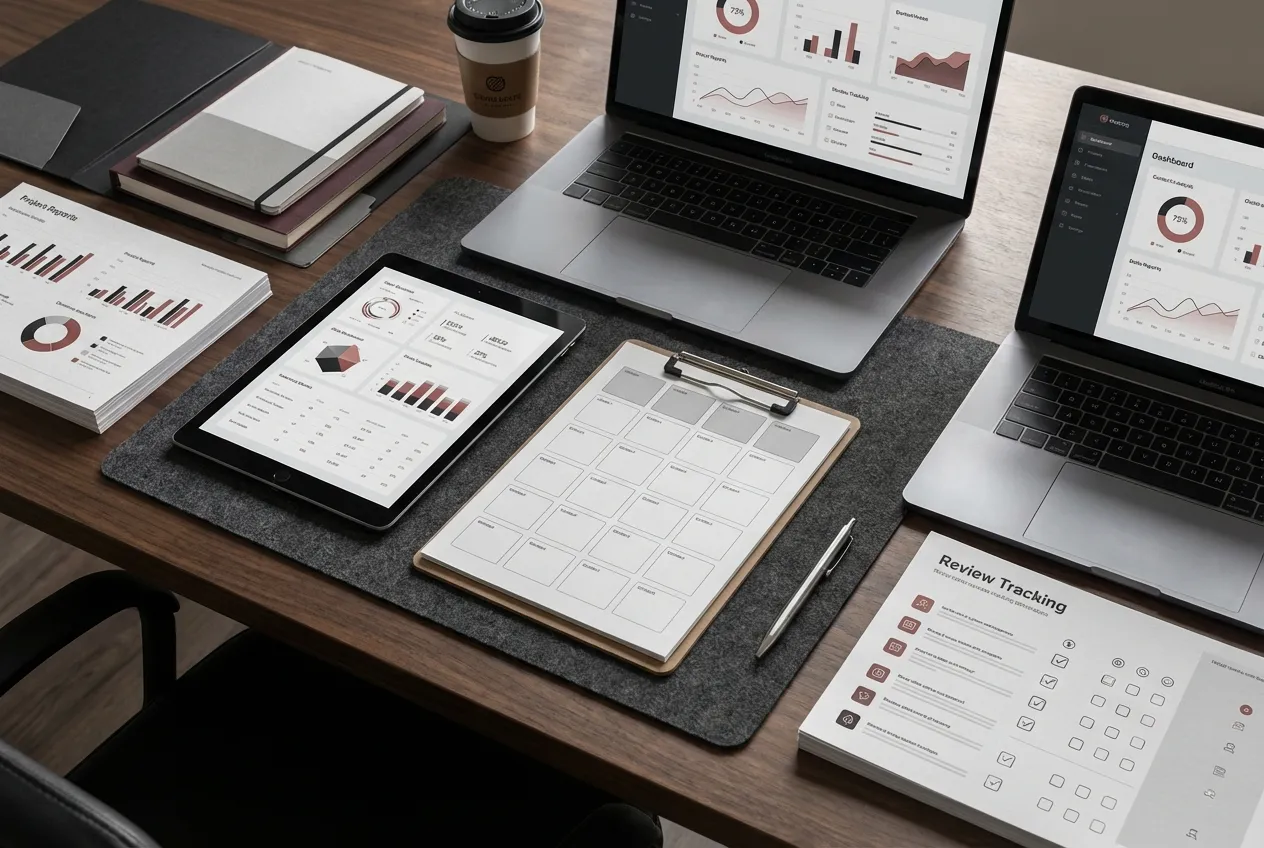 Modern workspace with tablets and laptops displaying RockN' Socials digital marketing data.