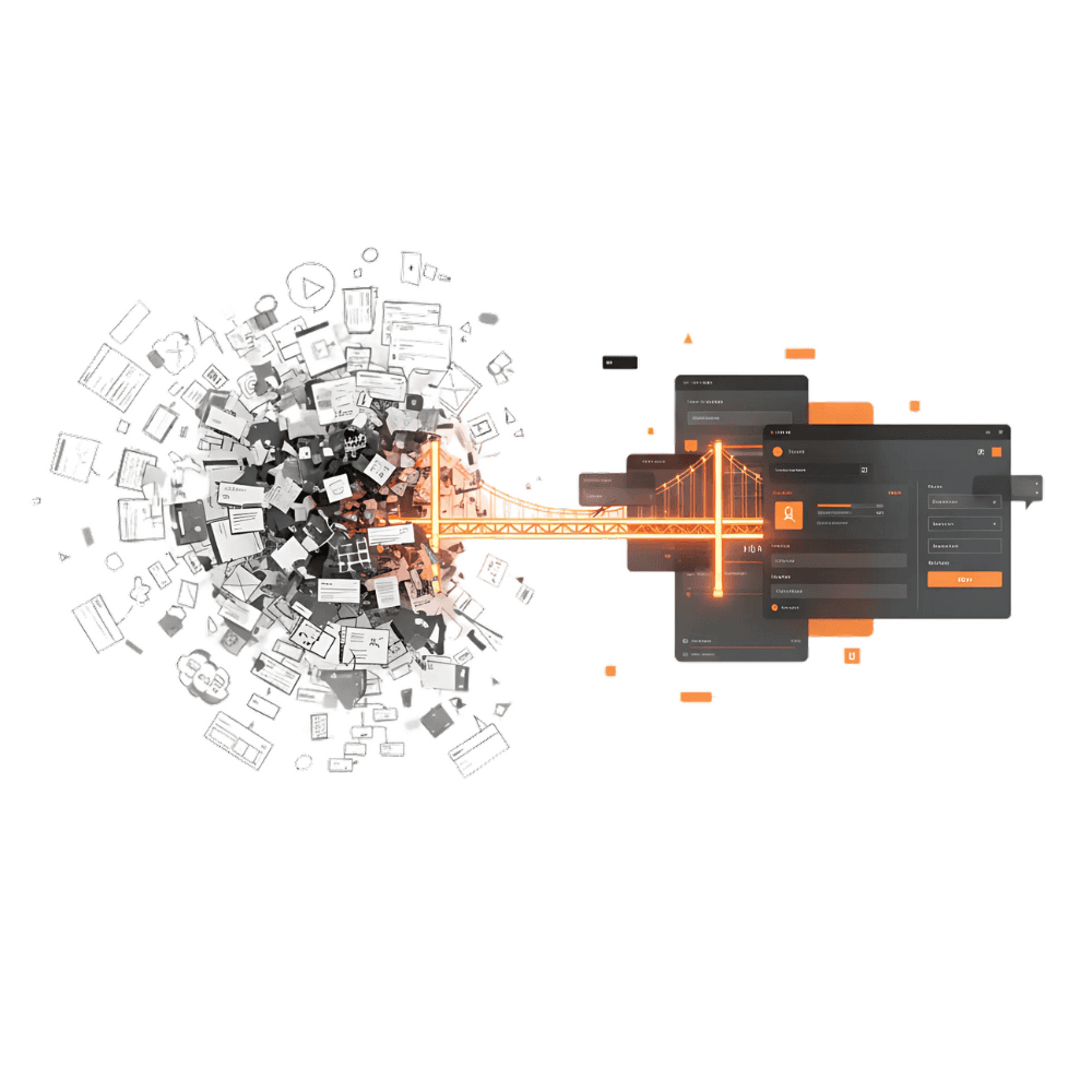 Abstract image depicting the florescent orage colored bridge from complexity and chaos to clarify
