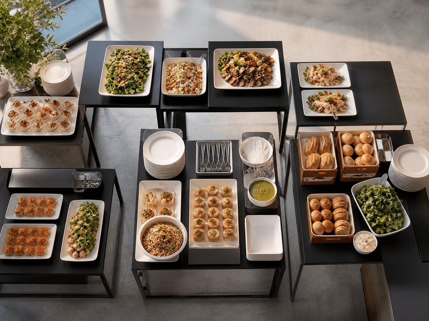 Estações de catering corporativo distribuídas para facilitar o fluxo de participantes