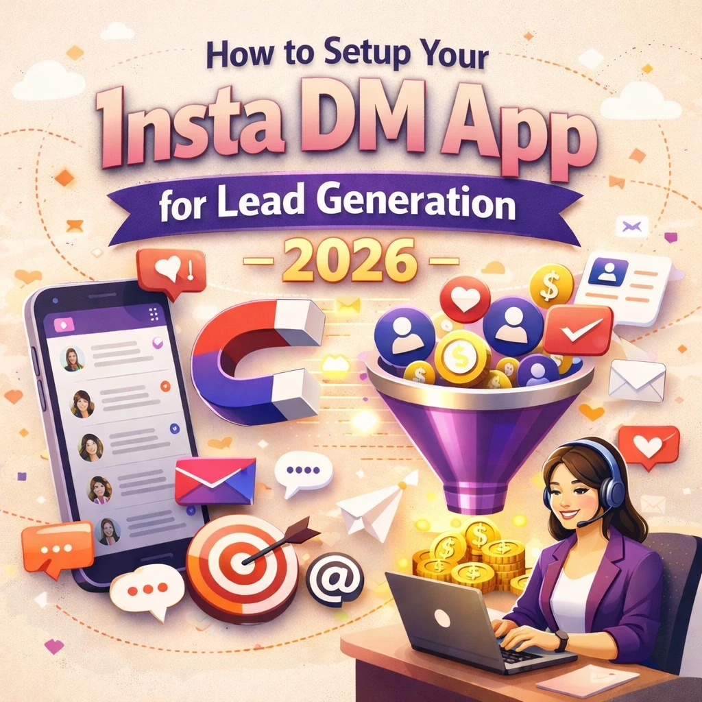“How to setup your Insta DM app for lead generation in 2026, featuring Instagram direct messages, automated chat, lead funnel, and social media marketing concept on a light beige background.”